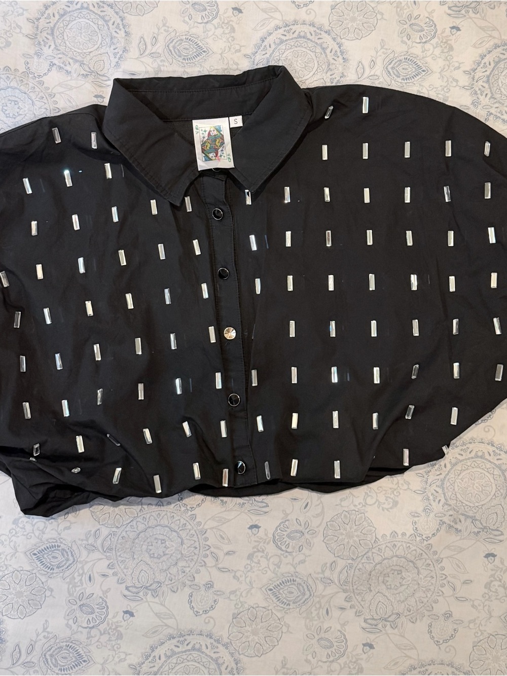 Black Button-Up Shirt with Rectangular Silver Studs